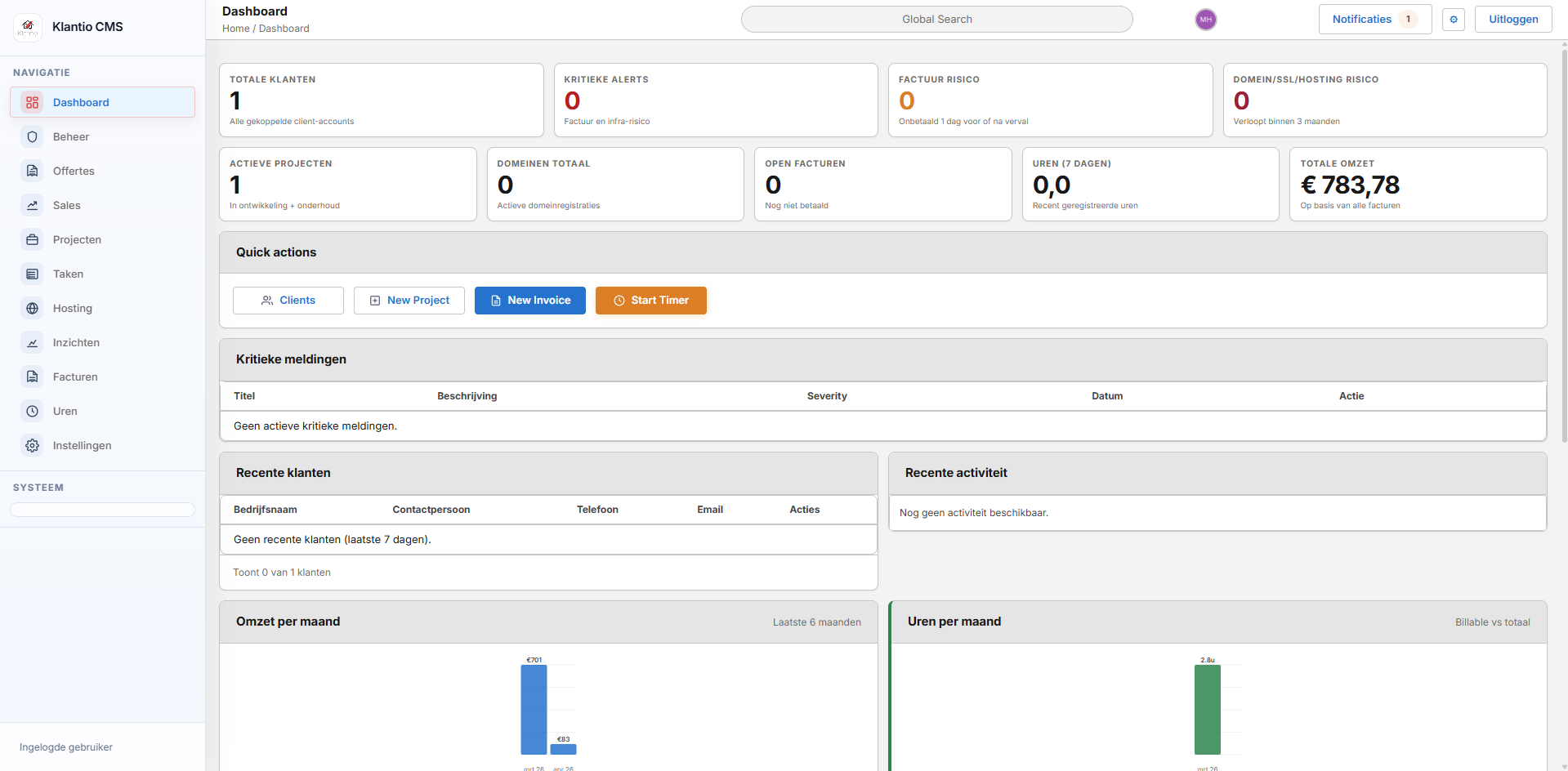 Case visual van Klantio CMS met facturen, projecten en klantbeheer